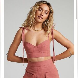 Showpo AMALIE THE LABEL - EVIE LINEN TIE STRAP BRALETTE CROP TOP IN BURNT ROSE